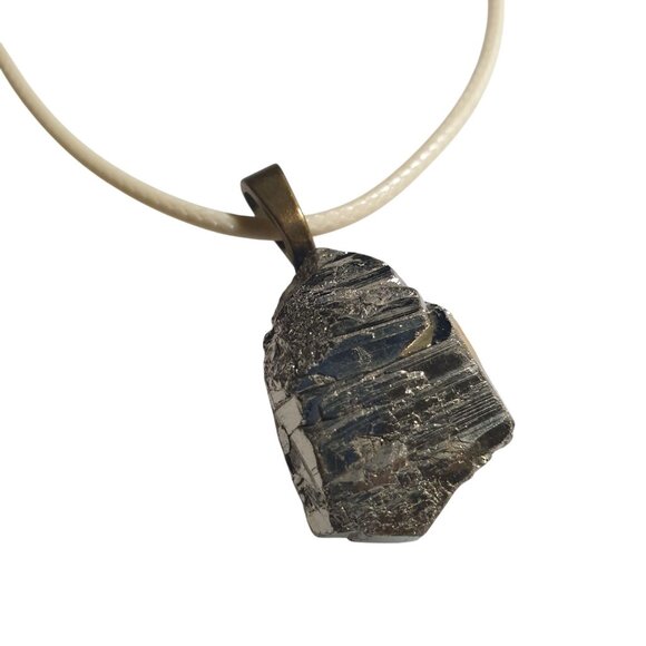 Natural Raw Pyrite Stone Pendant Beige Cord Necklace 17" To 19" Length Gift - Picture 1 of 5